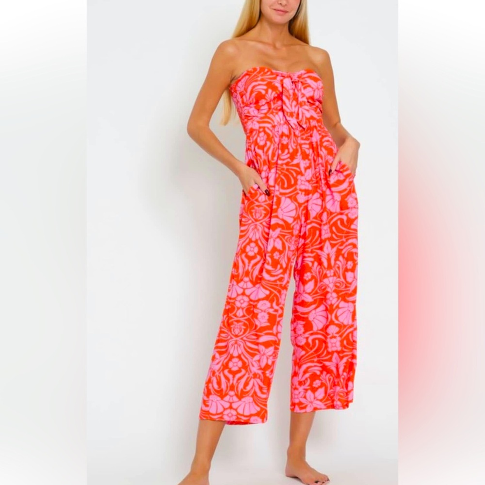 Aakaa Strapless Floral Wide-Leg Jumpsuit - Pink & Orange small